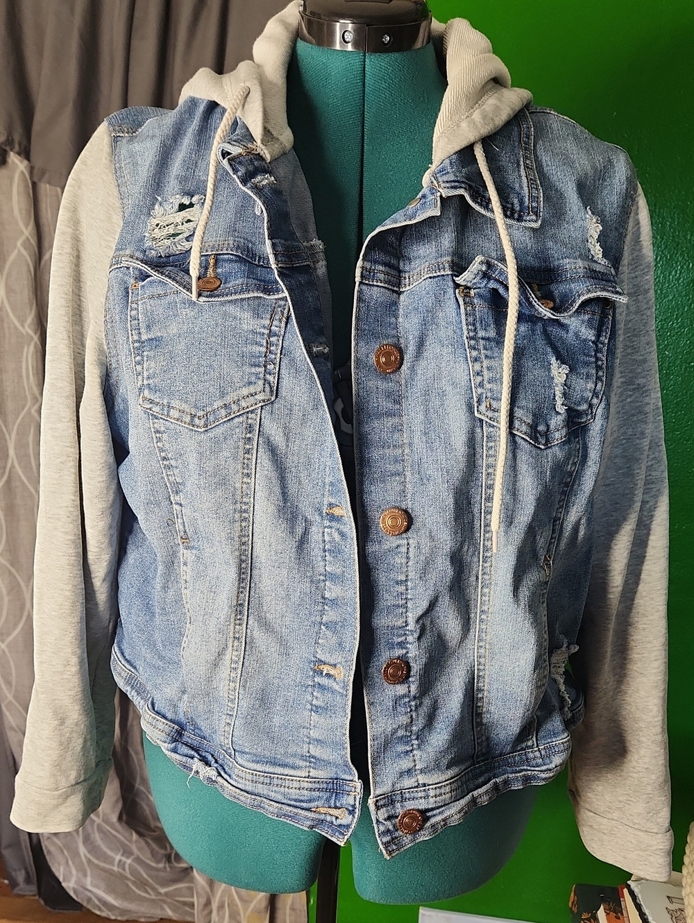 Wallflower Light Blue Denim Jacket with Gray Hooded Sleeves